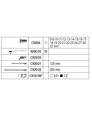 Συλλογή με 13 καρυδάκια, 18 μύτες, 4 γωνιακά κλειδιά Allen και 7 βοηθητικά εξαρτήματα σε πλαστική κασετίνα